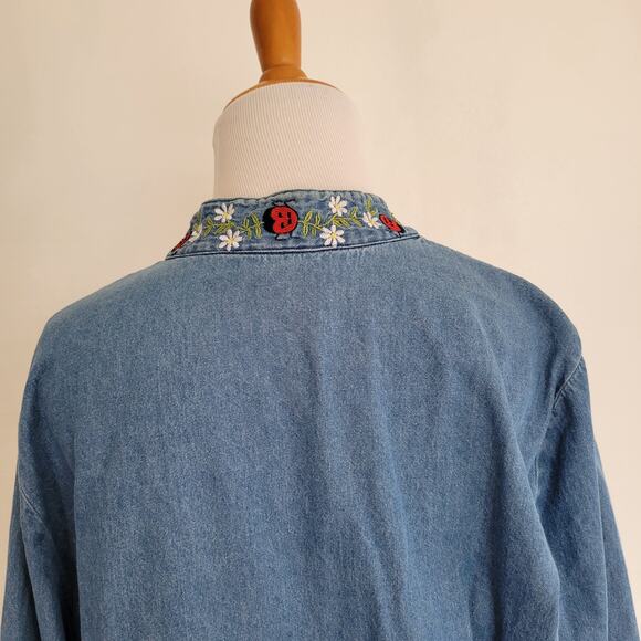 Country Store Denim Jacket Ladybug Floral Embroidery Zip Front Women Large - Picture 7 of 10